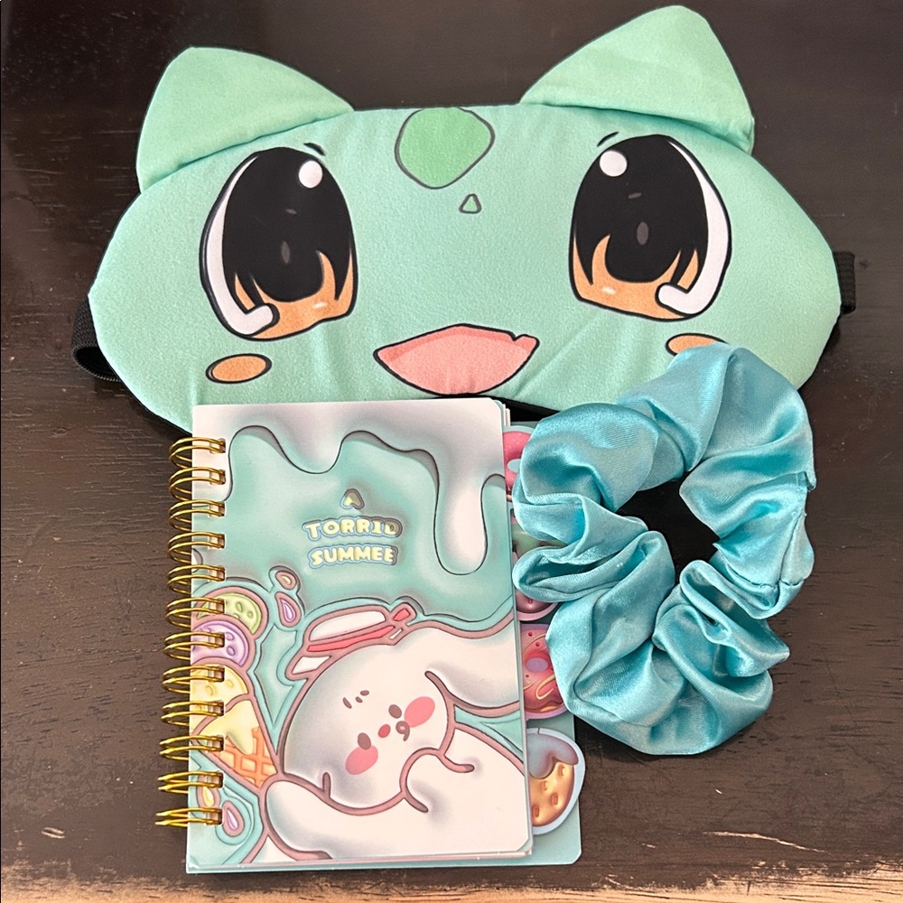 Cute Cat Face Sleep Mask with Notebook and Scrunchie Set